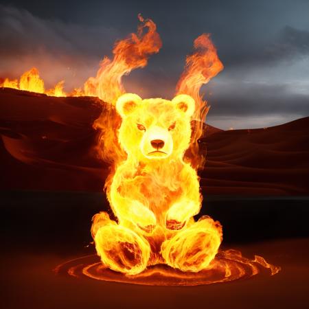 00998-1141268284-a (firecd, fire, flame, burning) bear, sitting on sand, (solo_1.2), , no humans, high quality, masterpiece, realistic, photoreal.png